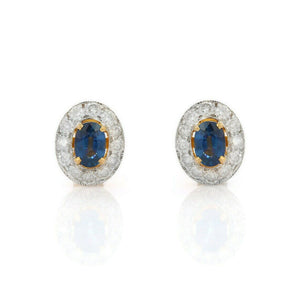 1.56ct Stud Earrings Oval Cut Blue Sapphire Halo Design 14k Yellow Gold Finish