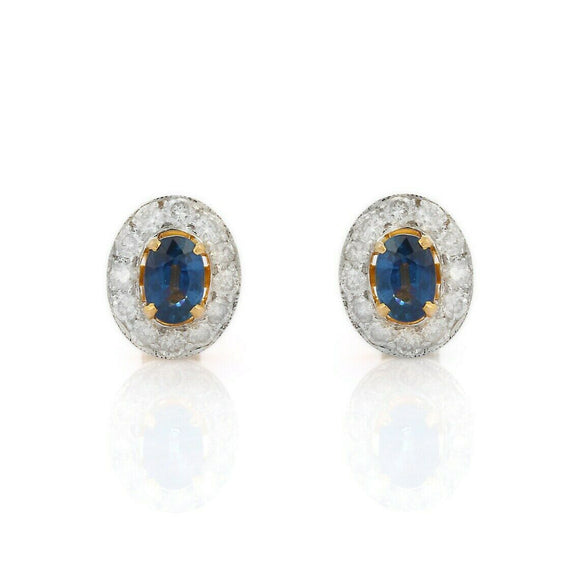 1.56ct Stud Earrings Oval Cut Blue Sapphire Halo Design 14k Yellow Gold Finish