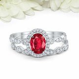 2.5ct Oval Cut Red Garnet Engagement Ring Bridal Set Halo 14k White Gold Finish