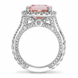 3ct Cushion Cut Peach Morganite Halo Fancy Engagement Ring 14k White Gold Finish