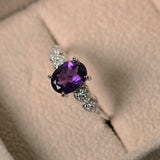 2ct Oval Cut Purple Amethyst Heart Shape Round Accent Ring 14k White Gold Finish