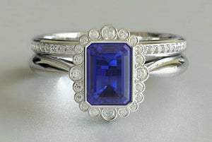 2ct Emerald Cut Blue Sapphire Engagement Ring Bridal Set 14k White Gold Finish