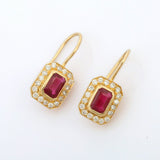 2.1ct Drop Earrings Emerald Cut Pink Ruby Diamond Halo 14k Yellow Gold Finish