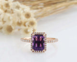 1.6ct Emerald Cut Purple Amethyst Engagement Ring Diamond Halo 14k RoseGold Over