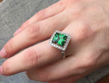 2ct Engagement Ring Princess Cut Green Emerald Diamond Halo 14k White Gold Over