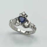 1ct Heart Blue Sapphire Engagement Ring Diamond Claddagh 14k White Gold Finish