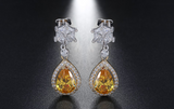 2.9ct Pear Cut Yellow Citrine Halo Teardrop Stud Earrings 14k Dual Tone Finish