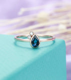 1ct Pear Cut Blue Sapphire Bezel Set Cute Engagement Ring 14k White Gold Finish