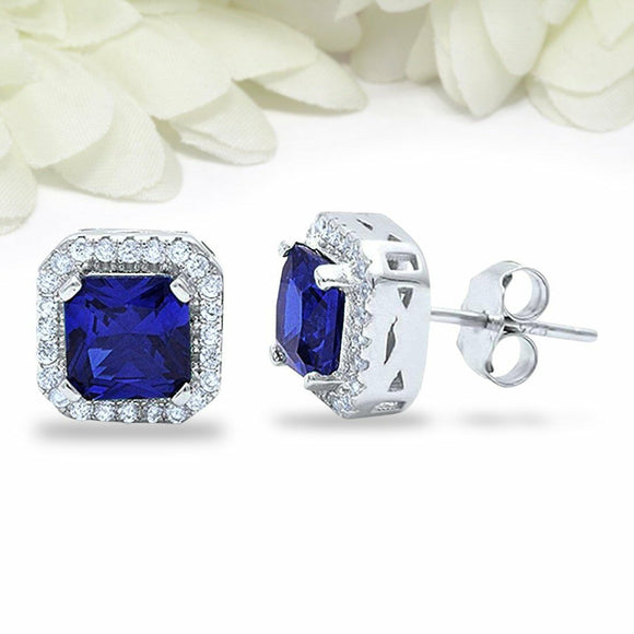 4Ct Cushion Cut Blue Sapphire Diamond Halo Stud Earrings 14K White Gold Finish