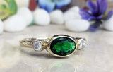 1.3ct Oval Cut Green Emerald Diamond Accent Trilogy Ring 14k Yellow Gold Finish