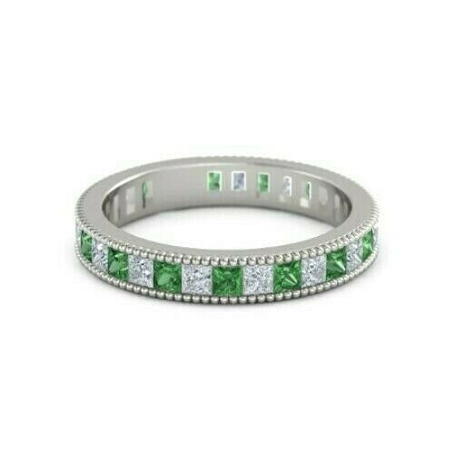 4Ct Princess Cut Green Emerald Diamond Eternity Wedding Band 14K White Gold Over