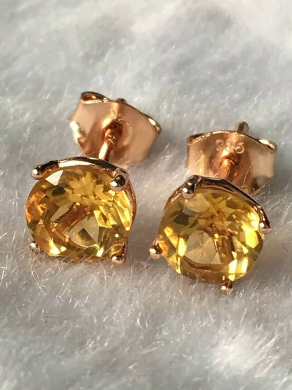 2ct Stud Earrings Round Cut Yellow Citrine Solitaire Women 14k YellowGold Finish