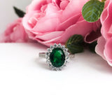 4Ct Oval Green Emerald Diamond Accent Floral Solitaire Ring 14k White Gold Over