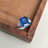 2ct Engagement Ring Emerald Cut Blue Sapphire Diamond Petite 14k White Gold Over