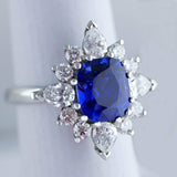 3ct Cushion Cut Blue Sapphire Engagement Ring Floral 14k White Gold Finish