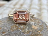 2.4ct Emerald Cut Peach Morganite Solitaire Milgrain Ring 14k White Gold Finish