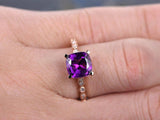 1.4Ct Cushion Cut Purple Amethyst Diamond Accent Promise Ring 14K Rose Gold Over