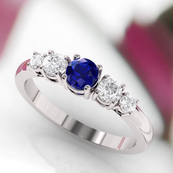 2.6ct Round Cut Blue Sapphire Engagement Ring 14k White Gold Finish Five Stone