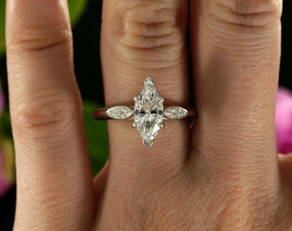 1.2ct Marquise Cut Diamond Unique Minimal Engagement Ring 14k White Gold Finish