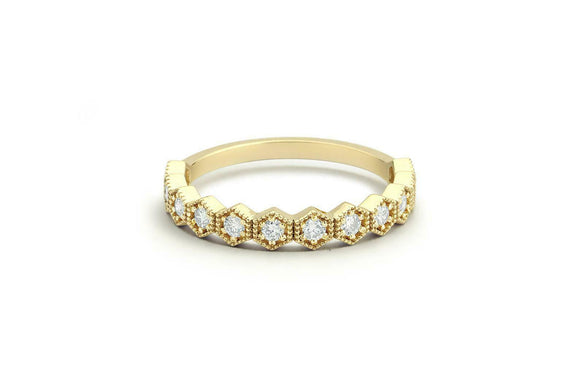 Hexagon Half Eternity Wedding Band 1ct Round Cut Diamond 14k Yellow Gold Finish