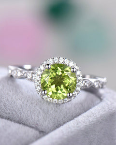 1.5Ct Round Cut Green Peridot Diamond Halo Engagement Ring 14K White Gold Finish