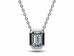 1ct Diamond Pendant Chain Emerald Cut Bezel Set Solitaire 14k White Gold Finish