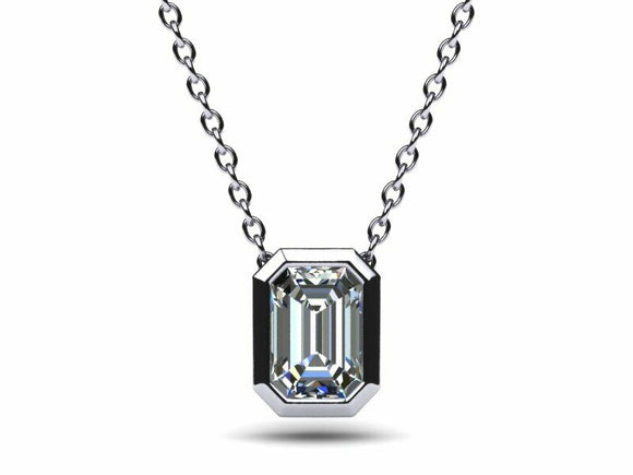 1ct Diamond Pendant Chain Emerald Cut Bezel Set Solitaire 14k White Gold Finish