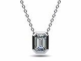 1ct Diamond Pendant Chain Emerald Cut Bezel Set Solitaire 14k White Gold Finish