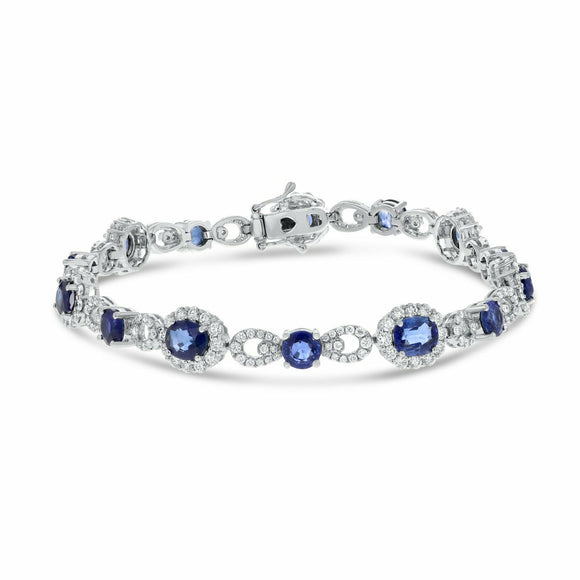 25ct Oval Cut Blue Sapphire Halo Floral Tennis Bracelet 14k White Gold Finish