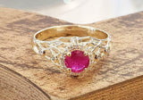 2ct Round Cut Ruby Engagement Ring Antique Inspired Halo 14k Yellow Gold Finish