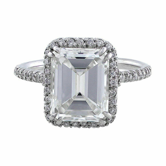 4Ct Emerald Cut Diamond Halo Solitaire Ring 18K White Gold Finish Round Accents