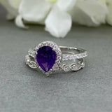 1.6ct Pear Purple Amethyst Halo Bridal Set Engagement Ring 14k White Gold Finish