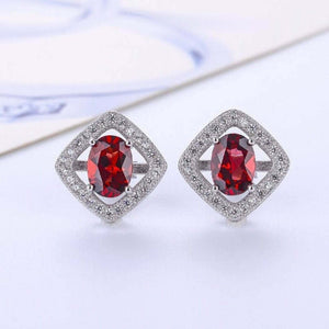 2.5ct Stud Earrings Oval Cut Red Garnet Diamond Open Halo 14k White Gold Finish