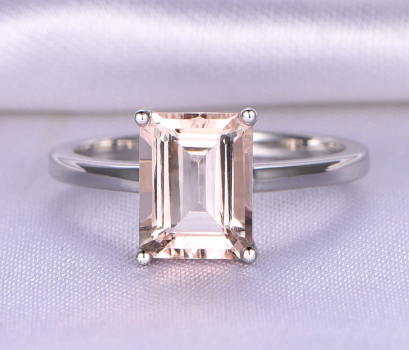 2ct Emerald Cut Peach Morganite Engagement Ring Solitaire 14k White Gold Finish