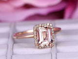 1.6ct Emerald Cut Peach Morganite Diamond Halo Solitaire Ring 14k Rose Gold Over