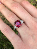 3ct Cushion Cut Red Garnet Diamond Trilogy Ring 14k White Gold Over Heart Accent