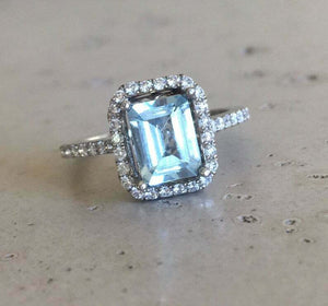 2ct Emerald Cut Blue Aquamarine Engagement Ring Halo Diamond 14k White Gold Over