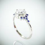 3Ct Cushion Cut Diamond Engagement Ring 14K White Gold Over Blue Sapphire Accent