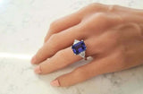 4.2ct Emerald Cut Blue Sapphire Engagement Ring Trilogy 14k White Gold Finish