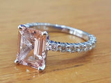 1.5ct Emerald Cut Peach Morganite Solitaire Engagement Ring 14k WhiteGold Finish