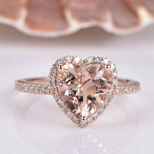 1.3ct Heart Cut Peach Morganite Halo Promise Engagement Ring 14k RoseGold Finish