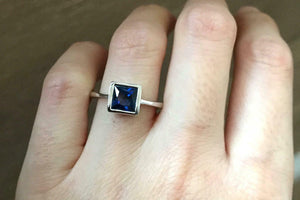 0.6ct Princess Cut Blue Sapphire Engagement Ring Bezel Set 14k White Gold Finish