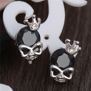 1Ct Round Cut Black Diamond Crown Skull Gothic Stud Earrings 14K White Gold Over