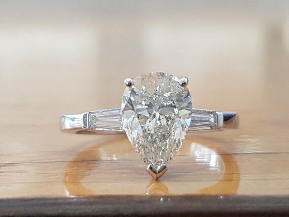 1.9ct Pear Cut VVS1 Diamond Three Stone Engagement Ring 14k White Gold Finish