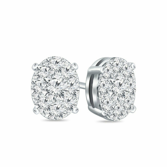 2Ct Round Cut Diamond Oval Shape Cluster Stud Earrings 14K White Gold Finish