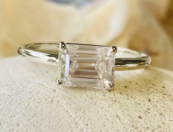 1.9ct Engagement Ring Emerald Cut Diamond Solitaire Design 14k White Gold Finish