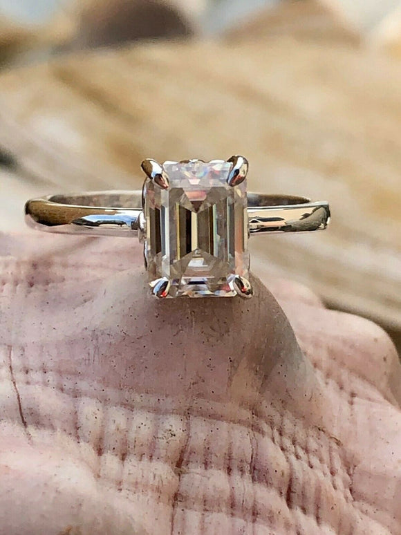 1.5ct Engagement Ring Emerald Cut Diamond 4 Prong Solitaire 14k WhiteGold Finish