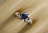 1ct Heart Cut Blue Sapphire Engagement Ring Diamond Claddagh 14k White Gold Over