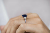 3.2ct Cushion Cut Blue Sapphire Engagement Ring Trilogy 14k White Gold Finish