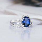 2.5ct Oval Cut Blue Sapphire Engagement Ring Halo Bridal Set 18k White Gold Over